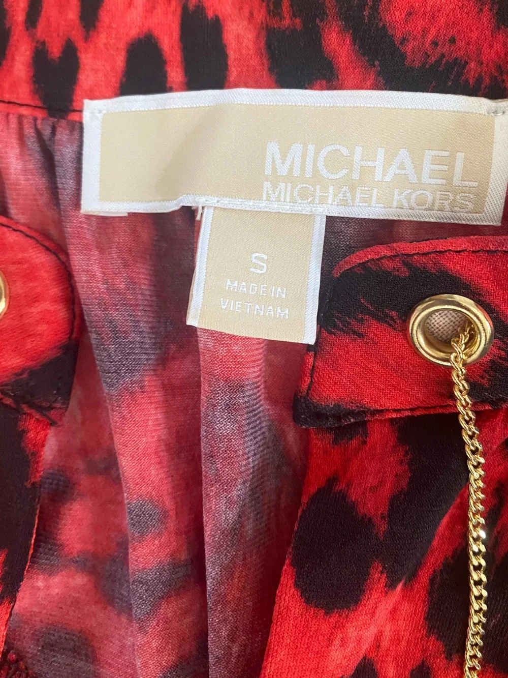 Michael Kors Red Leopard Print Chain Neck Sheath Dress Long Sleeve Sz S